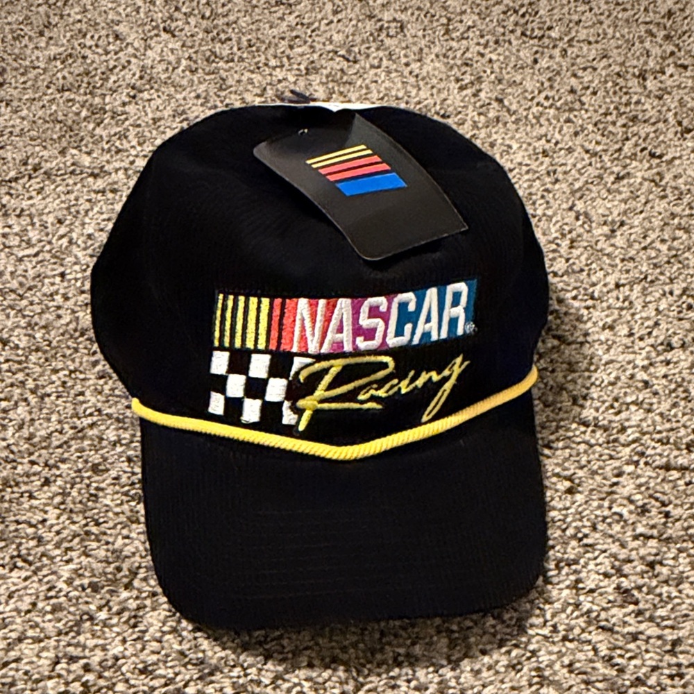 Nascar Black Cap with Multicolor Logo and Yellow Rope